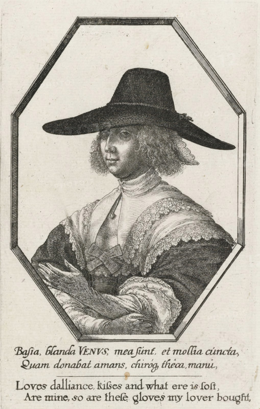 Portrait of a woman with a large dark hat and long gloves, Women's portraits in octagonal frames, print, printmaker: Wenceslaus Hollar, London, publisher: Peter Stent, publisher: Robert Walton, 1638, Wenceslaus Hollar, Peter Stent, Robert Walton, printmaker, publisher, paper, etching, height 152 mm x width 95 mm, The print is part of a six-part series of women's portraits in octagonal frames., head-gear: hat (women's clothes), neck-gear: collar (women's clothes), neck-gear, clothing (NECKERCHIEF) (women's clothes), anonymous historical person portrayed alone - BB - woman, gloves, mittens (LONG GLOVES) (women's clothes), costume, England, Period, 1630 - 1650, A black and white engraved portrait of a person shown from the waist up within an octagonal frame, wearing a wide-brimmed hat that casts a shadow over the upper face and curly hair that falls to the shoulders; the figure has a high collar and layered clothing with textured, embroidered or lace-trimmed sleeves and a decorative bow a...