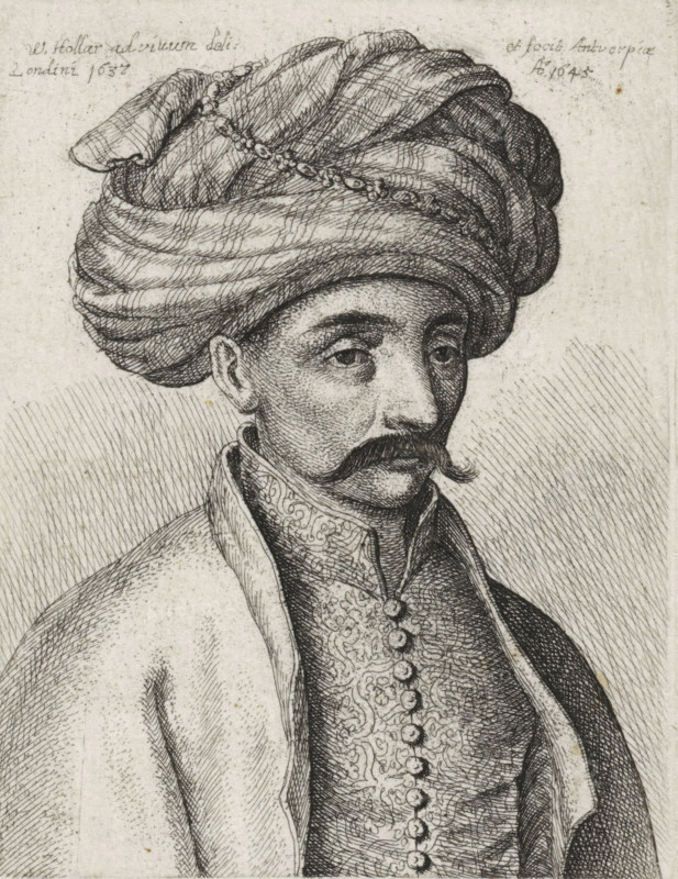 Portrait of a Turkish man with mustache and turban, print, printmaker: Wenceslaus Hollar, Antwerp, London, 1645, paper, etching, height 80 mm x width 61 mm, head-gear: turban, Asiatic races and peoples: Turkish, A detailed black and white ink portrait of a man shown from the chest up wearing a large wrapped turban with a decorative cord, a patterned high-collar garment with a row of buttons down the front, a cloak draped over one shoulder, a narrow mustache, and a calm facial expression, rendered with fine crosshatching and stippling on a lightly textured background.