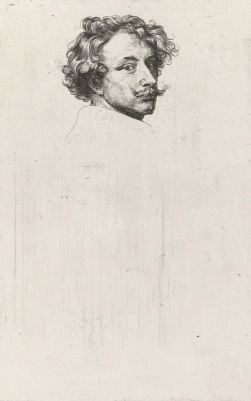 Self-portrait of the artist, Iconographie, print, printmaker: Anthony van Dyck, Low Countries, 1630 - 1632, paper, etching, height 242 mm x width 157 mm, Person, portrait, self-portrait of painter, A detailed pen-and-ink portrait of a man's head and upper shoulders centered near the top of a light, textured paper background, showing curly hair, arched eyebrows, a prominent mustache with curled ends, a turned face with eyes looking sideways, and finely rendered facial shading and line work, while the rest of the page remains mostly blank with faint scratches and specks.