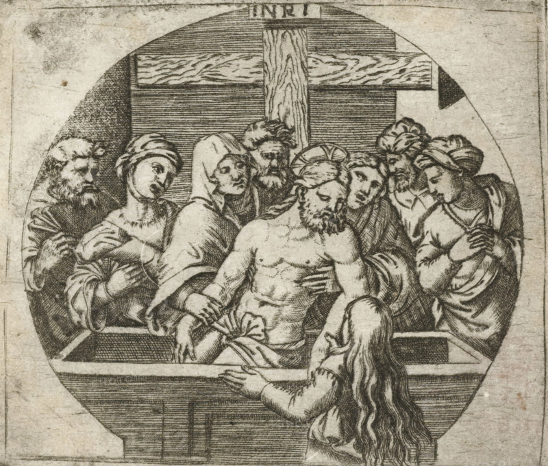 Entombment of Christ, print, printmaker: Agostino Veneziano, Italy, after print by Marcantonio Raimondi, after drawing by Francesco di Francia, 1500 - 1536, Marcantonio Raimondi, after print by, paper, engraving, height 77 mm x width 88 mm, Copy after a print by Marcantonio Raimondi. Raimondi in turn borrowed this subject from work by Francesco di Francia, Christ's entombment (possibly by angels), A circular engraving showing a central lifeless male figure with a beard and draped cloth across his hips, surrounded by a group of people whose faces show varied solemn expressions; a large wooden cross with visible woodgrain stands behind them and the figures form a semicircular composition around the central body; several individuals wear head coverings or turbans and layered robes, one figure in the foreground has long flowing hair and reaches toward the central figure, while others support or touch the body; the scene is rendered in fine parallel hatching and crosshatching with a muted p...