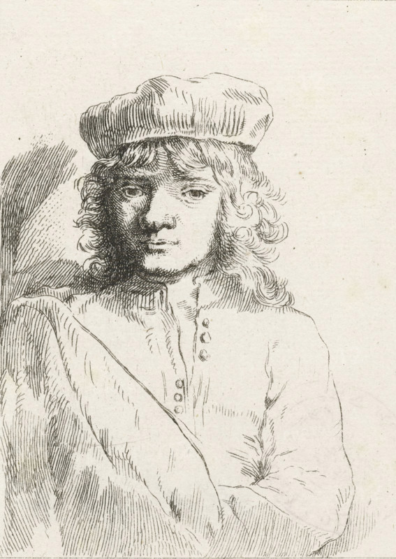 The artist's son, Titus, print, printmaker: Ignace-Joseph de Claussin, after print by Rembrandt van Rijn, 1819, Ignace-Joseph de Claussin, Rembrandt van Rijn, printmaker, after print by, paper, etching, height 122 mm x width 88 mm, Print first used in: Recueil de Quatre-Vingt-Cinq estampes originales, têtes, paysages et différens sujets, dessinées et gravées par Rembrandt. Paris: Henry Louis Basan, 1819., Person, Titus Rembrandtsz. van Rijn, historical persons, A monochrome pen-and-ink portrait of a young person shown from the torso up, wearing a soft, rounded cap and a buttoned garment, with shoulder-length curly hair framing the face; the left side of the face is shaded with dense hatching while the right side is more lightly rendered, and the eyes look forward with a neutral expression; the background is plain with light paper texture and subtle speckles.