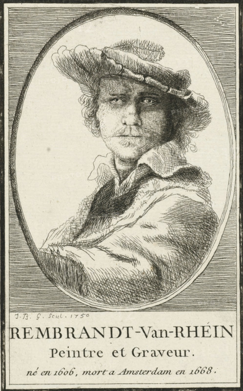 Self-portrait with Saskia, print, printmaker: Jean-Baptiste Glomy, after print by Rembrandt van Rijn, 1750, Rembrandt van Rijn, after print by, paper, etching, height 145 mm x width 96 mm, Copy after the print of the same name by Rembrandt, in the same orientation as the original. The portrait of Saskia van Uylenburgh has been omitted., Person, portrait, self-portrait of graphic artist, An oval-framed black and white line etching of a man shown from the chest up wearing a broad, soft hat with a curved brim and a loose, collared garment, the face rendered with fine crosshatching showing curly hair at the temples, a mustache and subtle shadowing around the eyes, the head turned slightly and looking toward the viewer, the oval set against a lined rectangular border and a blank background inside the oval, with a rectangular space below the portrait containing printed lines of large serif text.