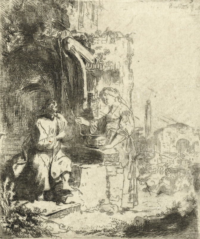 Christ and the woman of Samaria among ruins, print, printmaker, after print by, Rembrandt van Rijn, paper, etching, intaglio printmaking technique, printed with plate tone, height 112 mm x width 98 mm, Christ and the woman of Samaria: sitting at Jacob's well he asks her for a drink from her jug, the woman of Samaria (John 4:4-42), A detailed monochrome etching shows a robed seated man with long hair and a beard leaning near a stone well while a standing woman in a simple dress and apron leans forward over the well holding a jug and a bowl; behind them there is an arched dark recess set into a textured wall and crumbling masonry, and to the right a distant townscape with domed and arched buildings and small groups of figures; vegetation and scattered rocks appear in the foreground and the scene is rendered with fine crosshatching and varied linework.