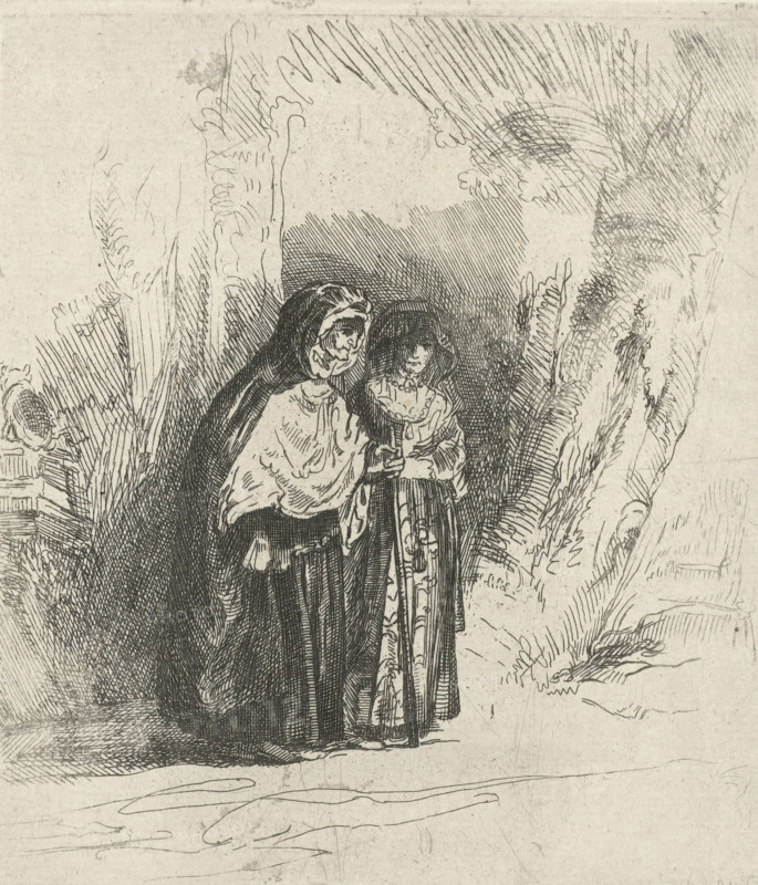 The Spanish gypsy 'Preciosa', print, The Spanish gypsy Preciosa and the old woman Majombe. Both figures are taken from the story 'La Gitanella' by Miguel de Cervantes from 1613, known in the Netherlands as 'Het Spaans Heidinnetje'. Heiden and heidin were contemporary names for the Roma people., printmaker: Pierre François Basan, after print by Rembrandt van Rijn, publisher: Henry Louis Basan, Paris, 1733 - 1797, Rembrandt van Rijn, after print by, paper, etching, height 130 mm x width 114 mm, Scene from the poem La Gitanilla by Miguel de Cervantes, first published in the Netherlands in 1643. This copy first used in: Recueil de Quatre-Vingt-Cinq estampes originales, tetes, paysages et différens sujets, 1819., wandering communities: Romani or Roma, Preciosa, Roma, A monochrome ink drawing shows two figures standing close together in front of a shaded, densely hatched backdrop that suggests foliage. One figure appears older, wearing a hooded cloak and a layered garment, with a lined face ...