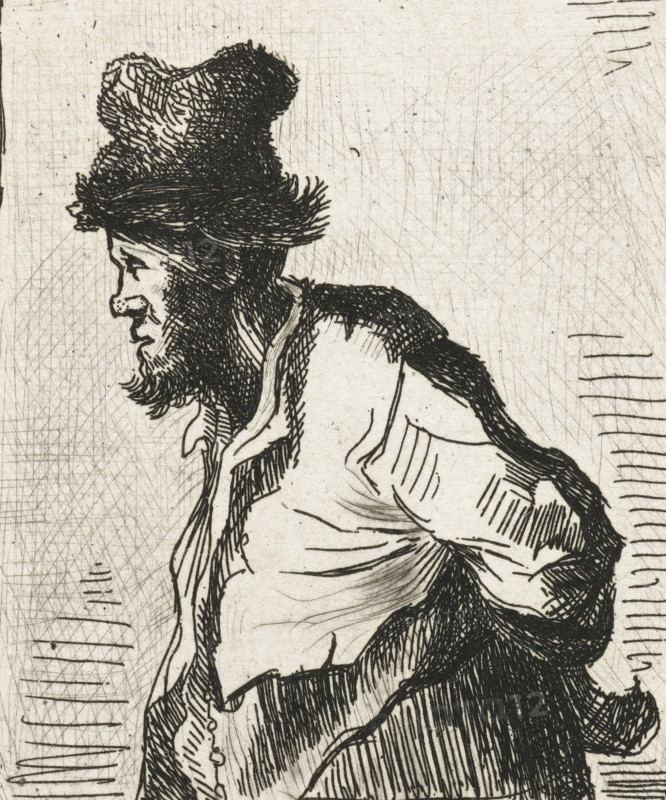 Peasant with his hands behind his back, print, printmaker, after print by, Rembrandt van Rijn, paper, drypoint, etching, height 74 mm x width 64 mm, Mirrored copy after a print by Rembrandt., adult man, A black ink line drawing of a bearded person shown in profile facing left, wearing a tall, textured hat and layered clothing with a visible collar and draped fabric, rendered with dense hatching and cross-hatching on a light, slightly textured background that shows additional fine crosshatched marks.