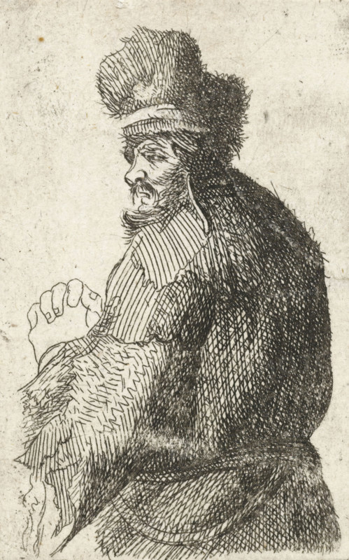 Old man seen from behind, profile right: half figure, print, printmaker, after print by, Rembrandt van Rijn, paper, etching, intaglio printmaking technique, height 75 mm x width 48 mm, Mirror-image copy after the print of the same name by Rembrandt., old man, A lined ink drawing of a seated man shown from the side and turned slightly toward the viewer, wearing a tall fur hat and a heavy fur-lined coat, with a mustache and beard and a lined face, his hands clasped together in front of him and detailed cross-hatching and short strokes used throughout to indicate texture and shadow on the clothing and hat.