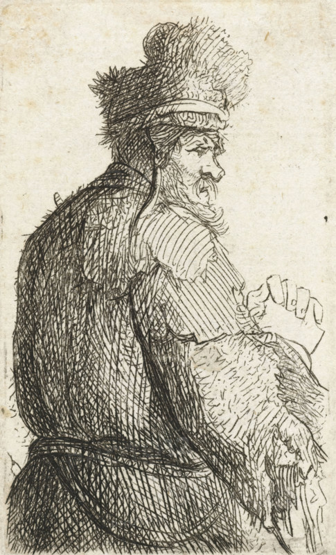 Sheet of studies of men's heads: old man seen from behind, profile right: half-figure, print, Fragment of cut plate., printmaker: Rembrandt van Rijn, after design by Rembrandt van Rijn, c. 1629, Rembrandt van Rijn, printmaker, paper, etching, drypoint, height 73 mm x width 43 mm, old man, A hand-drawn ink sketch of a person shown from the side and slightly from behind, wearing a tall, textured fur hat and a long cloak with dense crosshatched shading, the face turned in profile with a prominent nose, mustache, and beard rendered with short, curved strokes, one arm bent with a hand visible holding a draped, furry garment or animal pelt, and the background left blank with the paper's aged texture visible.