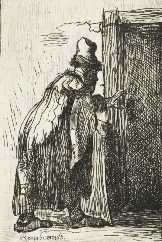 The blindness of Tobit: a sketch, print, printmaker, after print by, Rembrandt van Rijn, paper, etching, intaglio printmaking technique, height 87 mm x width 65 mm, Mirror image copy after the print of the same name by Rembrandt., Tobit's blindness (Tobit 2 - 3:6), A monochrome etching showing a person wearing a long cloak and a brimmed hat, seen from behind and slightly in profile, reaching with one hand toward a tall wooden post or doorframe; the cloak has visible folds and textured hatch marks, the hat has a rounded top and a textured band, and the figure’s exposed hand is drawn with fine linework; next to the post is a densely crosshatched vertical panel, and the ground beneath the figure is rendered with short horizontal lines and hatch shading.