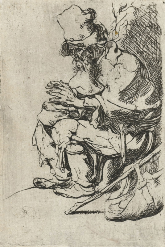 Beggar seated warming his hands at a chafing dish, print, printmaker, after print by, Rembrandt van Rijn, paper, etching, intaglio printmaking technique, height 77 mm x width 51 mm, Mirror-image copy after the print of the same name by Rembrandt., beggar, A black ink line drawing on aged paper depicting a seated figure in profile with a large rounded hat and a detailed beard, the figure's hands clasped together near the chest and forearms resting on the knees, folds of loose clothing and drapery rendered with crosshatching and flowing lines, visible knees and footwear with pronounced toes, and a hatched background area at the upper right; the paper shows a mottled texture and faint spots.