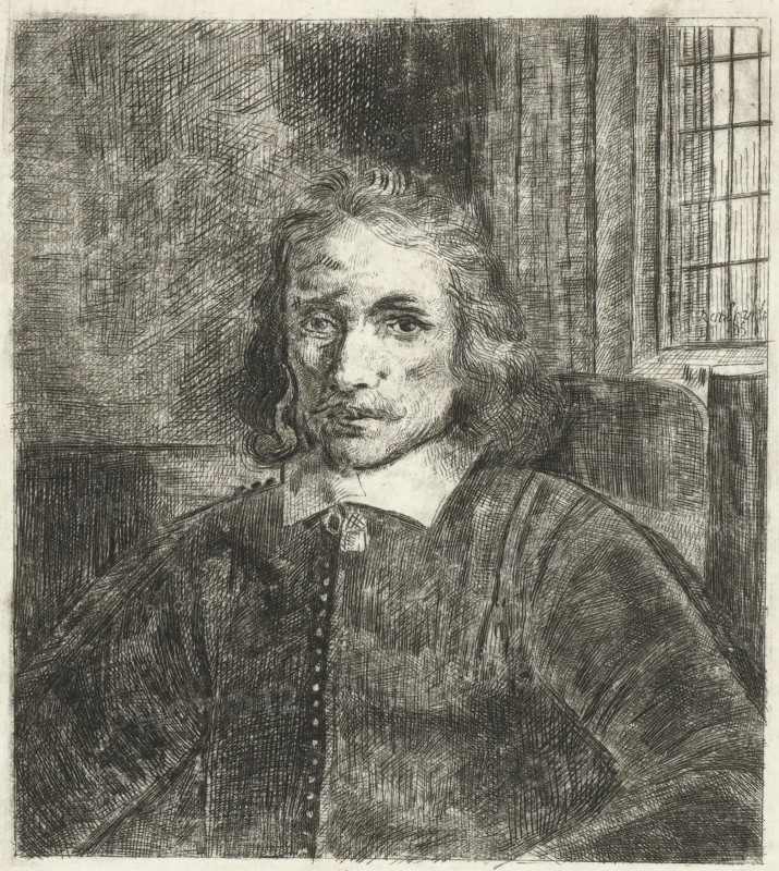 Pieter Haaringh ('Young Haaringh'), print, printmaker, after print by, Rembrandt van Rijn, paper, etching, height 145 mm x width 125 mm, Person, Pieter Haringh, historical persons, A detailed black and white etched portrait of a seated man shown from the chest up, with shoulder-length wavy hair, a narrow mustache, and a solemn facial expression, wearing a collared shirt and a dark cloak or coat fastened with a row of buttons; the background shows densely crosshatched shading and a window with vertical and horizontal muntins to the viewer's right, and a chair back visible behind the sitter.