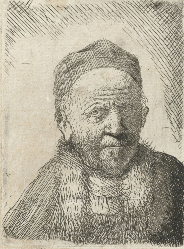 Man wearing a close cap: bust (the artist's father?), print, printmaker: Thomas Worlidge (possibly), after print by Rembrandt van Rijn, 1710 - 1766, Thomas Worlidge, Rembrandt van Rijn, printmaker, after print by, paper, etching, height 67 mm x width 50 mm, Mirror image copy after the print of the same name by Rembrandt., Person, Harmen Gerritsz. van Rijn, old man, A close-up etched portrait of an older man wearing a close-fitting cap and a heavy fur-lined cloak, rendered with fine cross-hatching and parallel lines; his face shows a furrowed brow, deep-set eyes, a prominent nose, a mustache and a short beard, with detailed line work indicating wrinkles and stubble; the background is plain with etched diagonal hatch marks framing the upper and right edges.