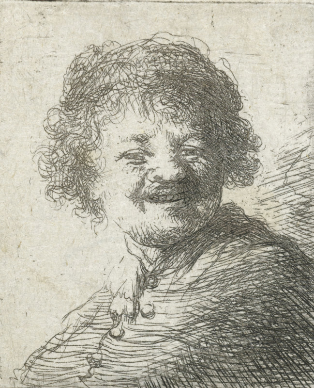 Self-portrait in a cap: laughing, print, printmaker, after print by, Rembrandt van Rijn, paper, etching, height 51 mm x width 42 mm, Mirror image copy after Rembrandt's print of the same name., Person, laughing, head-gear: cap (men's clothes), portrait, self-portrait or graphic artist, A close-up etching of a smiling person with curly hair, showing detailed line work across the face and hair, a faint mustache and beard, partially closed eyes, a high-collared garment with textured folds, and a darkly shaded shoulder area against a light, textured background.