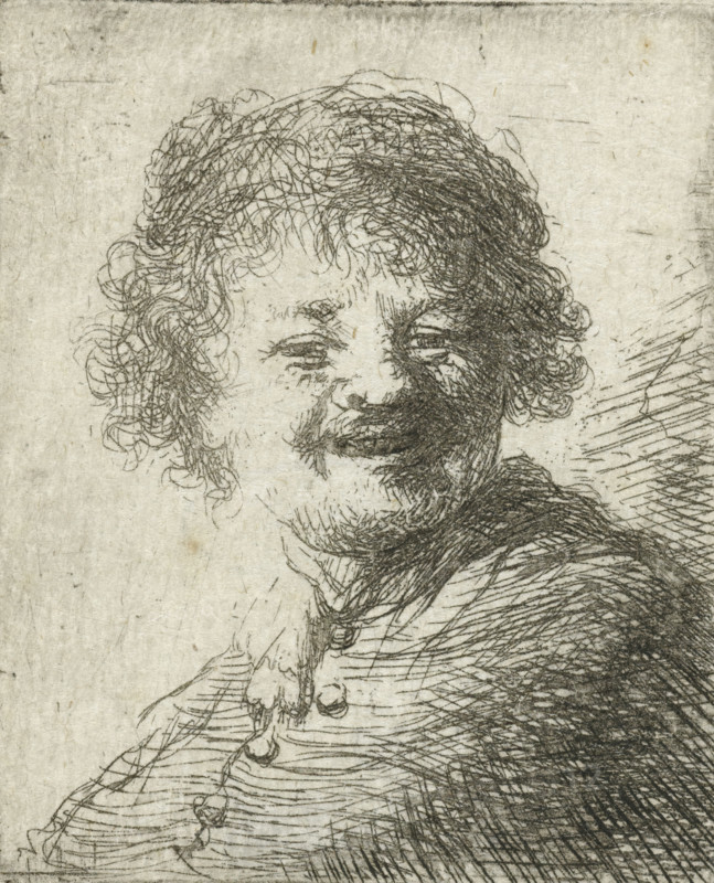 Self-portrait in a cap: laughing, print, printmaker, after print by, Rembrandt van Rijn, paper, etching, intaglio printmaking technique, height 51 mm x width 42 mm, Person, head-gear: cap (men's clothes), portrait, self-portrait of graphic artist, A close-up etching of a person's head and shoulders showing curly hair rendered with fine, looping lines, a partially shadowed face with squinted eyes and a subtle smile, a mustache and beard suggested by dense short strokes, a high-collared garment with layered folds and buttons drawn with parallel and cross-hatched lines, and a textured paper background with faint marks and speckles.