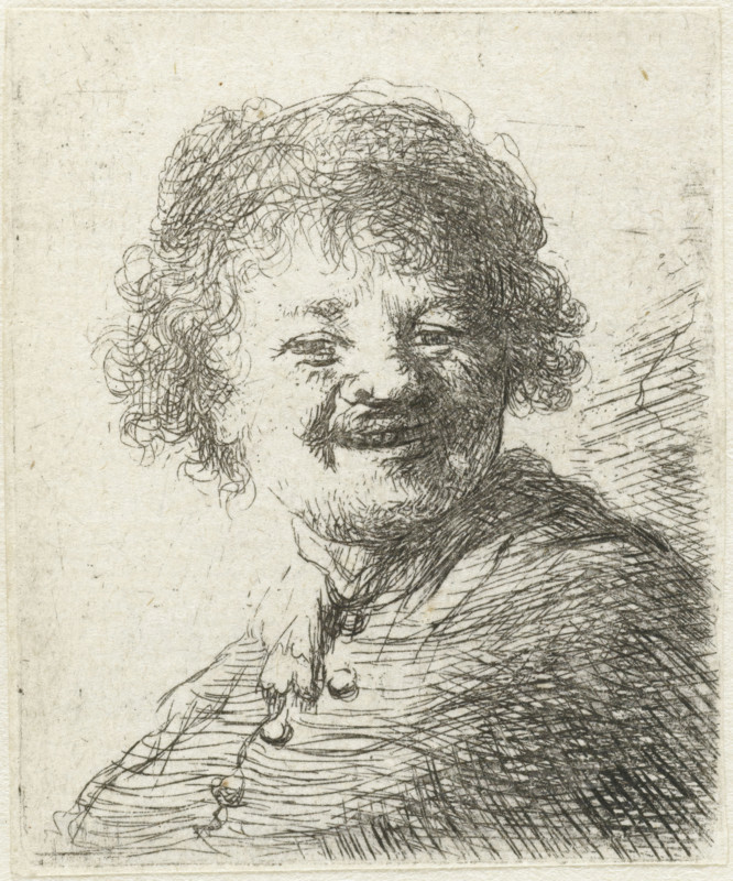 Self-portrait in a cap: laughing, print, printmaker, after print by, Rembrandt van Rijn, paper, etching, height 51 mm x width 42 mm, Mirror image copy after Rembrandt's print of the same name., Person, laughing, head-gear: cap (men's clothes), portrait, self-portrait or graphic artist, A close-up etching of a person with curly hair and a mustache, showing a smiling face with squinted eyes and detailed hairline, textured shading across the cheek and jaw, a high collar with ruffled fabric at the neck, buttons down the front of the garment, and dense cross-hatched shading suggesting a cloak or heavy garment over one shoulder on a lightly textured background.