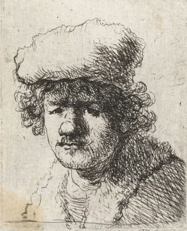 Self-portrait with cap pulled forward, print, printmaker, after print by, Rembrandt van Rijn, paper, etching, height 54 mm x width 41 mm, Mirror-image copy of the print of the same name by Rembrandt., Person, portrait, self-portrait of graphic artist, A close-up black ink line drawing of a man's head and shoulders on a textured, light background, featuring a large soft hat with a rounded top and a fluffy edge, curly hair peeking out from beneath the hat, a furrowed brow and shaded eyes, a prominent nose and a mustache with a slightly downturned mouth, dense cross-hatched shading indicating a beard and shadow on the cheek and neck, and textured clothing with layered lines suggesting folds and fur at the collar.