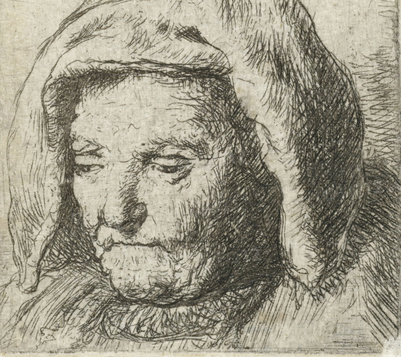 The artist's mother in a cloth headdress, looking down: head only, print, printmaker, after print by, Rembrandt van Rijn, paper, etching, intaglio printmaking technique, height 50 mm x width 41 mm, Mirror image copy after the print of the same name by Rembrandt., Person, Neeltje Willemsdr. Zuytbrouck, historical persons - BB - woman, A close-up ink drawing of an elderly person’s face and head, showing heavy line work and cross-hatching that define a furrowed brow, closed or downcast eyes, a long nose, and a wrinkled mouth and chin; the figure is partially covered by a hood with textured shading and short, dense strokes suggesting hair or stubble along the temples and jaw, and the background is a lightly textured paper with visible grain.