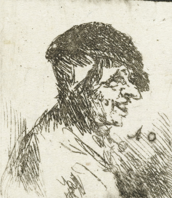 Bust of a laughing farmer, print, The bust of a laughing farmer has a pendant with a similar depiction of a laughing farmer's wife. She is shown from a different viewpoint so that the heads are turned towards each other., printmaker: Adriaen van Ostade, Haarlem, after design by Adriaen van Ostade, 1650 - 1652, Adriaen van Ostade, printmaker, paper, etching, height 34 mm x width 29 mm, laughing, A close-up of a sketched portrait showing a head turned slightly to the side, with dark, textured hair rendered in short, dense strokes and a beard and mustache depicted with finer, jagged lines; the face features a prominent brow, a pronounced nose, and a slightly downturned mouth formed by darker, varied pencil marks; the neck and shoulder area continue the sketchy, crosshatched technique, and the background is a pale, textured paper with small speckles and faint vertical creases.