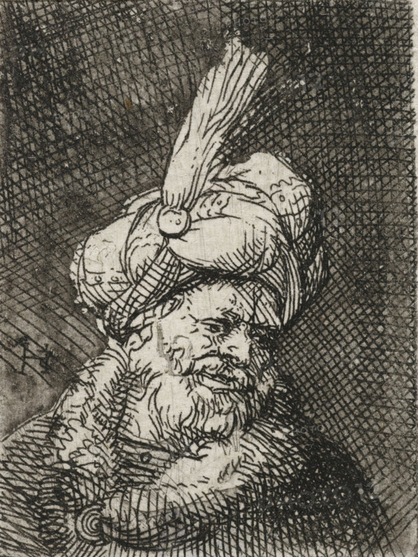 Bust of an Oriental man, print, Bust of a man with a feathered turban., printmaker: Samuel van Hoogstraten, Netherlands, printmaker: manner of Rembrandt van Rijn, 1648 - 1678, Manner of, paper, etching, height 44 mm x width 33 mm, head-gear: turban, A close-up black and white etching of a bearded man's face and headwear showing detailed linework and crosshatching; the man has a furrowed brow, closed or downward-cast eyes, a prominent nose, and a textured beard and mustache rendered with short curved strokes; he wears a tall, wrapped turban-like headdress with a rounded ornamental knot and flowing folds, depicted with long, parallel lines; the background is densely crosshatched creating a dark textured field behind the figure.