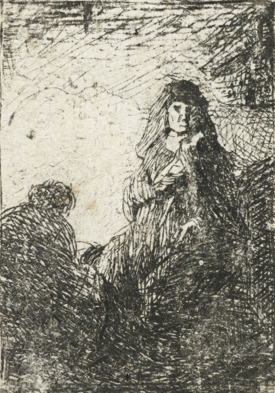 Standing woman and seated man, print, Standing woman seen from the front and seated man seen from the back., printmaker: attributed to Jan Lievens, Netherlands, printmaker: manner of Rembrandt van Rijn, 1625 - 1700, Attributed to, Manner of, paper, etching, height 42 mm x width 31 mm, Very convincingly attributed to Lievens by Rovinski, not mentioned in Hollstein under Lievens (Hollstein, Rembrandt, p. 189, cat. no. B El 23), adult woman (standing), A textured monochrome etching shows two seated figures amid dense crosshatched shading; one figure faces toward the viewer with long hair and a shaded face wearing layered garments, while the other sits with a rounded head turned away and a heavily textured cloak. The background is pale with faint scratches and diagonal lines, and darker, heavily inked areas frame the right side and lower portion of the image. The overall composition is built from overlapping strokes and dense marks that create contrasts between light and dark regions.