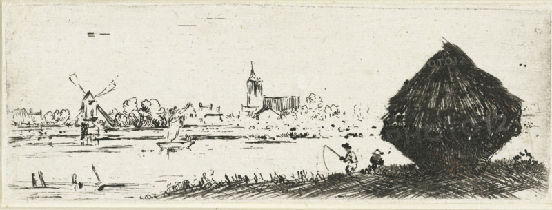 Landscape with haystack, print, A village with a church and mill by the water, in the foreground a haystack and two fishermen., printmaker: manner of Rembrandt van Rijn, 1630 - 1700, Netherlands, Manner of, paper, etching, height 53 mm x width 150 mm, hay-stack, A wide horizontal ink sketch showing a riverside scene with a large dark thatched haystack on the right foreground, textured with dense hatch marks, and two small figures seated near its base one holding a fishing rod extending toward the water; a grassy bank with short vegetation runs along the bottom, and a calm river occupies the middle ground with a small boat floating and faint reflections; the opposite shore features loose line sketches of trees, low buildings, a windmill with angled sails, and a church tower rising above the skyline, all rendered in sparse, delicate strokes against a pale, slightly speckled background.