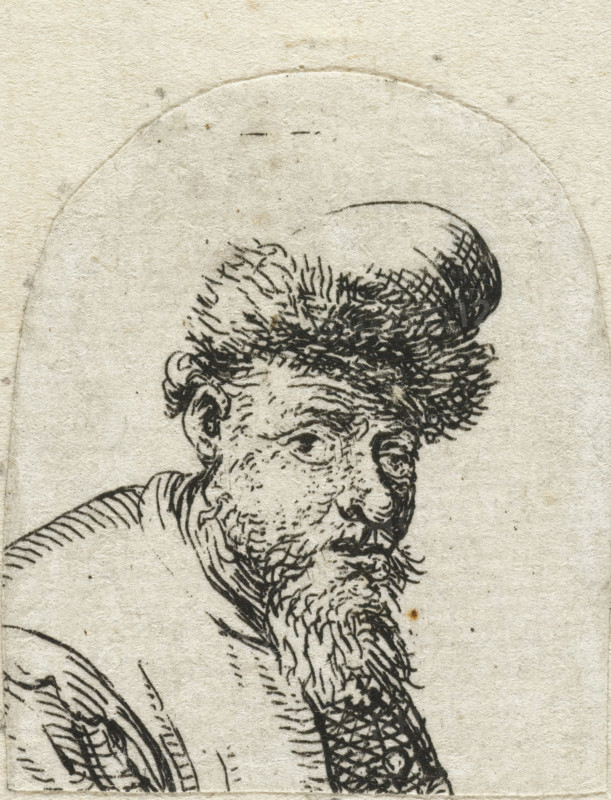 Bust of a man with a fur hat, print, Bust of an old man, with a hat trimmed with fur., printmaker: manner of Jan Gillisz. van Vliet, 1630 - 1700, Netherlands, Manner of, paper, etching, height 38 mm x width 32 mm, Made in the style of Van Vliet or M. Scheyts according to Hollstein Rembrandt, p. 193, cat. no. g., old man (three-quarter view), A close-up black ink drawing on textured beige paper showing the upper part of an older man's head and shoulders inside an arched outline, with a rounded cap on top and a mass of short, curly hair and a bushy beard made of fine, sketchy lines, a visible ear, a furrowed brow, and a pair of eyes rendered with detailed crosshatching, a high-collared garment around his neck, and scattered small specks and spots on the aged paper surface.