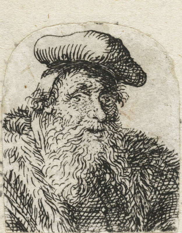 Bust of a man with a beret, print, Bust of an old man with a beard and beret., printmaker: manner of Jan Gillisz. van Vliet, 1630 - 1700, Netherlands, Manner of, paper, etching, height 35 mm x width 29 mm, Made in the style of Van Vliet or M. Scheyts according to Hollstein Rembrandt, p. 193, cat. no. g and h., old man (three-quarter view), A close monochrome drawing of an older man shown from the shoulders up, rendered with dense black ink lines on textured beige paper; he wears a rounded hat with fine vertical hatch marks and has a full, long beard composed of swirling, overlapping strokes, with detailed lines indicating wrinkles and furrows on his forehead and around his eyes; his hair peeks out beneath the hat in short curved strokes, and heavy crosshatching defines a cloak or garment over one shoulder, while the background shows the paper's natural grain and slight discoloration.