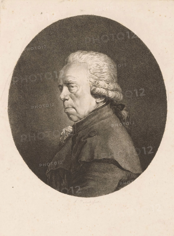 Portrait of Johann Christian Brand, print, printmaker: Adam von Bartsch, Vienna, 1793, Lower Austria, paper, etching, height 274 mm x width 193 mm, Person, Johann Christian Brand, historical persons, portrait, self-portrait of artist, A detailed black and white engraved portrait of an older man shown in profile facing left, set within a dark oval background against a lighter sheet; he has combed back hair styled with curls at the sides and tied at the back with a ribbon, prominent facial features including a furrowed brow and a serious expression, and he wears a high-collared coat with visible textured fabric and a decorative neck cloth.