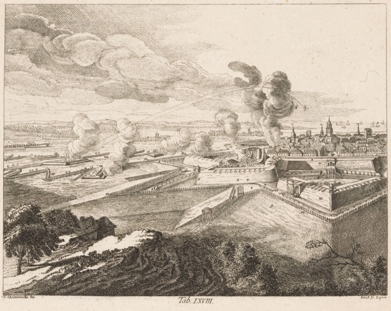 Bombardment of a fortified city, print, printmaker: Christoph Wilhelm Bock, Leipzig, after drawing by Daniel Nikolaus Chodowiecki, 1774, Saxony, paper, etching, height 183 mm x width 230 mm, The print is part of a series of 96 prints that appeared to illustrate the 'Elementarwerk' by the German pedagogue Johann Bernhard Basedow. The prints were produced by various artists based on drawings by Daniel Chodowiecki. In 1774 the collected print work was published under the title: Kupfersammlung zu JB Basedows Elementarwerk für die Jugend und ihre Freunde., Person, Johann Bernhard Basedow, bombardment, siege, A wide panoramic ink drawing shows a fortified town and surrounding landscape rendered in fine linework. In the foreground there are textured hills and clumps of trees with detailed foliage, leading to a large angled earthen rampart topped by defensive walls and bastions. Behind the rampart a network of fortifications, angular walls, and moats extends toward the middle ground, where plu...