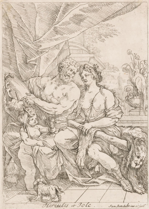 Hercules and Joole, Opera Varia Historica, Poetica & Iconologica, Various designs, print, printmaker: Samuel Bottschild, Germany, publisher: Johann Christoph Weigel, Dresden, 1693, Saxony, paper, etching, height 290 mm x width 205 mm, Print from the series 'Opera Varia Historica, Poetica & Iconologica', published in 1693. This series comprises virtually the artist's complete oeuvre and consists of 48 prints, mainly designs for ceilings., cupids: 'amores', 'amoretti', 'putti', dog, ornamental birds: parrot, spinning-wheel, Hercules wooing Iole, A detailed ink drawing shows three central human figures seated closely together beneath draped fabric, one adult male with muscular arms and curly hair leaning toward a partially nude adult female with long wavy hair and a relaxed expression, while a small winged child stands nearby holding a staff and looking up at them; a small dog sits on the tiled floor at their feet. In the background there is a columned structure and foliage on one side an...