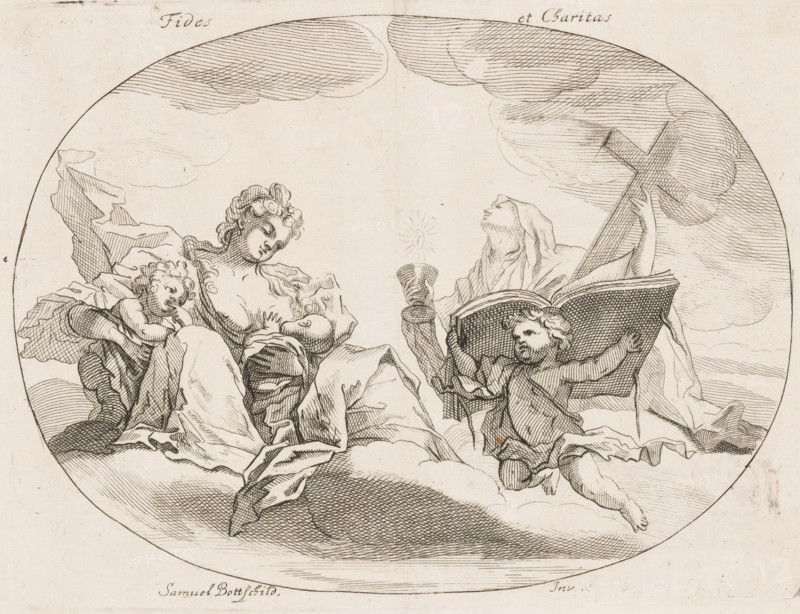Fides et Charitas, Fides (Faith) en Charitas (Love), Opera Varia Historica, Poetica & Iconologica, Various designs, print, printmaker: Samuel Bottschild, Germany, publisher: Johann Christoph Weigel, Dresden, 1693, Saxony, paper, etching, height 188 mm x width 245 mm, Print from the series 'Opera Varia Historica, Poetica & Iconologica', published in 1693. This series covers almost the complete oeuvre of the artist and consists of 48 prints, mainly designs for ceilings., Faith, 'Fides', 'Fede', 'Fede catholica', 'Fede christiana', 'Fede christiana catholica' (Ripa), one of the Three Theological Virtues, Charity, 'Caritas', 'Carità' (Ripa), sitting or standing on clouds - AA - female human figure, A circular ink drawing shows two seated female figures on a cloudlike platform, one reclining with flowing hair and draped fabric holding an infant at her breast while a small cherubic child leans beside her, and the other veiled and looking upward while holding a cup and a large cross; a winged...