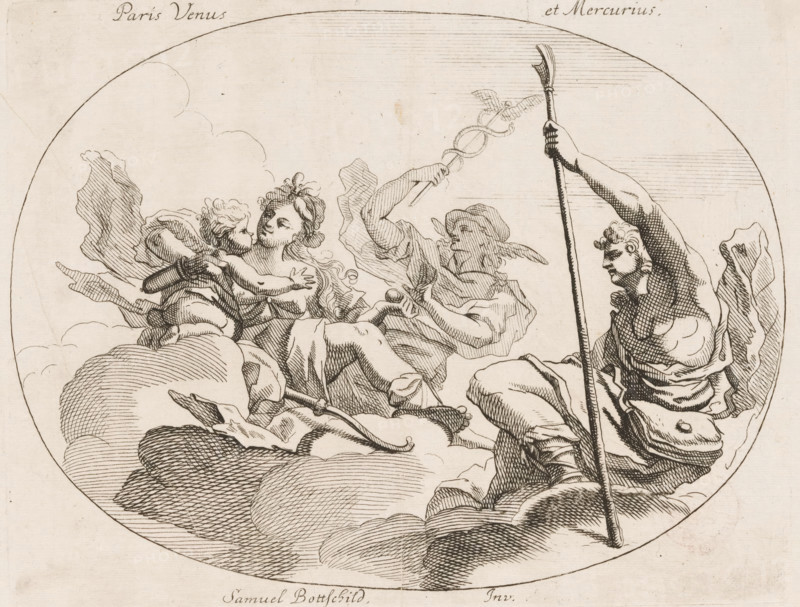 Paris Venus et Mercurius, Paris, Venus en Mercurius, Various designs, Opera Varia Historica, Poetica & Iconologica, print, printmaker: Samuel Bottschild, Germany, publisher: Johann Christoph Weigel, Dresden, 1693, Saxony, paper, etching, height 191 mm x width 244 mm, Print from the series 'Opera Varia Historica, Poetica & Iconologica', published in 1693. This series comprises virtually the artist's complete oeuvre and consists of 48 prints, mainly designs for ceilings., the Judgment of Paris (Mercury present), sitting or standing on clouds, A circular pen-and-ink drawing shows four classical figures seated on stylized clouds within a round frame; on the left a partially draped female reclining figure holds a small child who reaches toward her face, the woman looking outward with loose hair and flowing garments; to their right a robed male figure wearing a winged cap leans back and raises a staff topped by a small winged object, his clothing depicted with folds and hatching; on the far ...