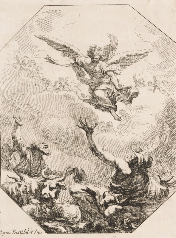 Annunciation to the Shepherds, Various designs, Opera Varia Historica, Poetica & Iconologica, print, printmaker: Samuel Bottschild, Germany, publisher: Johann Christoph Weigel, Dresden, 1693, Saxony, paper, etching, height 288 mm x width 218 mm, Print from the series 'Opera Varia Historica, Poetica & Iconologica', published in 1693. This series comprises virtually the artist's complete oeuvre and consists of 48 prints, mainly designs for ceilings., Annunciation of Christ's birth to the shepherds (and, or shepherdesses) at night, a host of singing angels in the air, An ink drawing showing a winged figure descending through clouds toward figures below, the winged figure seen from behind with flowing drapery and outstretched arms, clouds rendered with hatching and swirling lines, several human figures reaching upward with expressive gestures and flowing garments, animals with curled horns and textured fur nestled among the clouds, and decorative linework framing the scene within an angula...