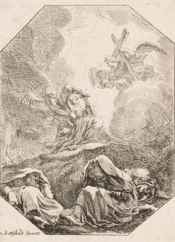 Christ in the Garden of Gethsemane, Various designs, Opera Varia Historica, Poetica & Iconologica, print, Christ praying in the Garden of Gethsemane. An angel appears to him and shows him a chalice and a cross. In the foreground three sleeping disciples. On the left in the background, the group of soldiers arrives., printmaker: Samuel Bottschild, Germany, publisher: Johann Christoph Weigel, Dresden, 1693, Saxony, paper, etching, height 288 mm x width 216 mm, Print from the series 'Opera Varia Historica, Poetica & Iconologica', published in 1693. This series comprises virtually the artist's complete oeuvre and consists of 48 prints, mainly designs for ceilings., agony of Christ, three (or eleven) apostles sleeping, A detailed ink drawing shows a scene with clouds and figures on a textured background. In the upper right, a winged figure holds a large wooden cross and looks toward the center, surrounded by billowing clouds. Near the center-left, a seated figure with draped robes and an ex...