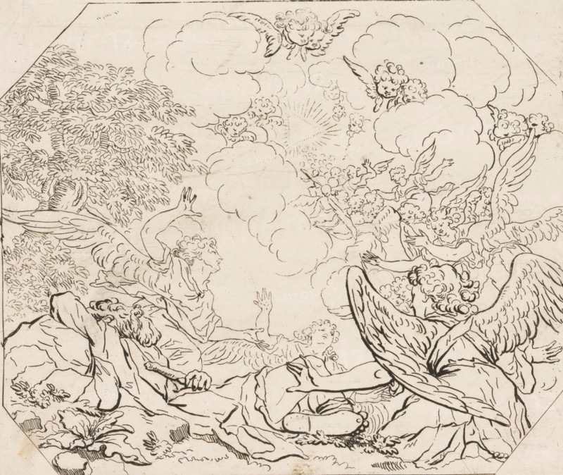 Dream of Jacob, Opera Varia Historica, Poetica & Iconologica, Various designs, print, printmaker: Samuel Bottschild, Germany, publisher: Johann Christoph Weigel, Dresden, 1693, Saxony, paper, etching, height 211 mm x width 247 mm, Print from the series 'Opera Varia Historica, Poetica & Iconologica', published in 1693. This series comprises virtually the artist's complete oeuvre and consists of 48 prints, mainly designs for ceilings., the dream of Jacob: while sleeping on the ground with a stone for pillow Jacob sees a ladder reaching from earth to heaven with angels going up and down, usually with God at the top of the ladder, A detailed ink drawing shows a scene of winged figures and cherubic faces among swirling clouds above a rocky landscape with a leafy tree at one side; several angels with large feathered wings appear in various poses, some reaching upward and others reclining, with curly hair and flowing drapery, while small putti-like faces peek from the clouds and a radiating b...
