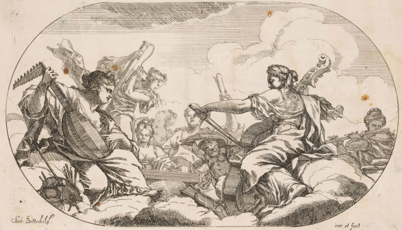 Muses with musical instruments, Various designs, Opera Varia Historica, Poetica & Iconologica, print, printmaker: Samuel Bottschild, Germany, publisher: Johann Christoph Weigel, Dresden, 1693, Saxony, paper, etching, height 190 mm x width 334 mm, Print from the series 'Opera Varia Historica, Poetica & Iconologica', published in 1693. This series comprises virtually the artist's complete oeuvre and consists of 48 prints, mainly designs for ceilings., lute, and special forms of lute, eg: theorbo, viola, violoncello, double bass, transverse flute, clavichord, harpsichord, clarinet, bassoon, oboe, shawm, (story of the) Muses, 'Muse' (Ripa), sitting or standing on clouds - AA - female human figure, An oval ink drawing shows a group of robed figures seated on clouds beneath a lined sky, with flowing drapery and detailed crosshatching; one figure on the left holds a pear-shaped stringed instrument, another on the right extends an arm while holding a bow and has a large curved instrument behin...
