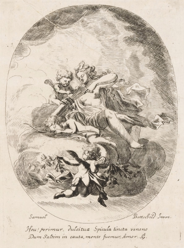 Venus, Opera Varia Historica, Poetica & Iconologica, Various designs, print, printmaker: Samuel Bottschild, Germany, writer (clerical worker): Monogrammist IG (writer), publisher: Johann Christoph Weigel, Dresden, 1693, writer (clerical worker), Saxony, paper, etching, height 245 mm x width 175 mm, Print from the series 'Opera Varia Historica, Poetica & Iconologica', published in 1693. This series comprises virtually the artist's complete oeuvre and consists of 48 prints, mainly designs for ceilings., cupids: 'amores', 'amoretti', 'putti', (story of) Venus (Aphrodite), sitting or standing on clouds - AA - female human figure, An oval ink drawing shows a reclining female figure on a bed of clouds, her hair flowing and one arm bent across her chest while the other reaches toward a cluster of arrows held by a small winged child beside her; another winged child lies curled against her legs, and a third winged child floats below offering a sprig of foliage; the scene is rendered with fine c...