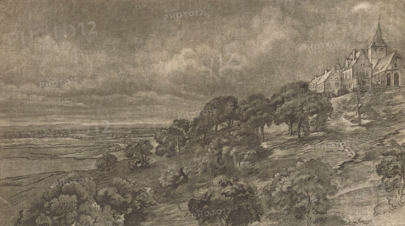 Landscape with view of Hoch-Elten, print, printmaker: Daniel Nikolaus Chodowiecki, Berlin, after drawing by Rembrandt van Rijn, after drawing by Pieter de With, 1759, paper, print drawing, etching, aquatint, intaglio printmaking technique, etching and aquatint with plate tone, height 208 mm x width 327 mm, landscapes, North Rhine-Westphalia, Elten, Hoch-Elten, St. Vitus Church (Hoch-Elten), A monochrome landscape drawing showing a hillside covered with clusters of trees and shrubs sloping down toward a flat plain, with textured sky and clouds above. On the hilltop at the right edge there is a group of buildings including a church with a tall steeple and adjacent houses, all drawn with fine line work. The foreground contains dense foliage and winding paths, while the midground shows rows of fields and low vegetation extending toward the distant horizon. The overall image is rendered in subdued tones with visible pencil or etching lines and shading.