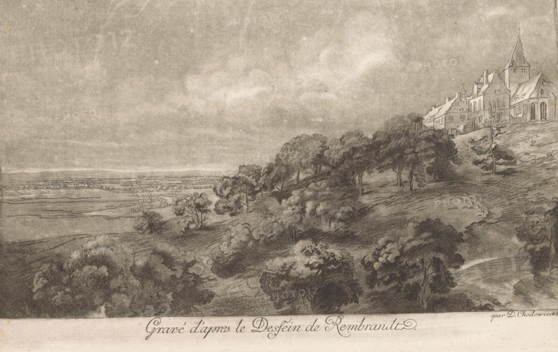Landscape with view of Hoch-Elten, print, annotation: 'c. 1-:-', printmaker: Daniel Nikolaus Chodowiecki, Berlin, after drawing by Rembrandt van Rijn, after drawing by Pieter de With, 1759, paper, print drawing, etching, aquatint, intaglio printmaking technique, etching and aquatint with plate tone, height 204 mm x width 327 mm, North Rhine-Westphalia, Elten, Hoch-Elten, St. Vitus Church (Hoch-Elten), A wide monochrome landscape drawing showing a rolling hillside covered with clusters of trees and shrubs, the vegetation rendered with varied shading and fine lines. On the right side of the image a group of steep-roofed buildings and a church with a tall spire sit atop the rise, their architectural details sketched in fine strokes. The middle and left portions open to a distant flat plain with subtle horizon lines and faint textures suggesting fields. The sky above is lightly shaded with soft cloud-like forms. The entire scene is drawn with delicate pencil or etching marks and a textured...