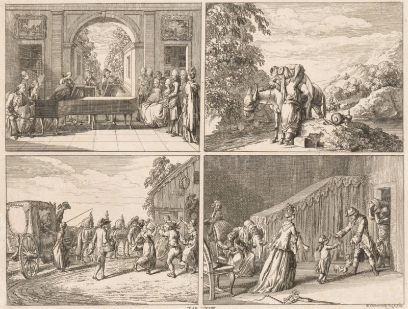 Human Pleasures, print, Four scenes depicting human pleasures. Above, a musical group (as an example of agreement) and the Good Samaritan (as an example of compassion). Below, dancing peasants (an example of joy) and a family in an interior (as an example of family ties). Numbered bottom center: Tab. XVII., printmaker: Daniel Nikolaus Chodowiecki, Berlin, 1769, paper, etching, height 180 mm x width 234 mm, The print is part of a series of 96 prints published to illustrate the 'Elementarwerk' by the German pedagogue Johann Bernhard Basedow. The prints were produced by various artists based on drawings by Daniel Chodowiecki. In 1774, the collected prints were published under the title: Kupfersammlung zu JB Basedows Elementarwerk für die Jugend und ihre Freunde., Person, Johann Bernhard Basedow, making music, musician with instrument, folk dancing (men and women together), the good Samaritan (Luke 10:30-37), family, descendant, The image shows four detailed engraved vignettes arranged in ...