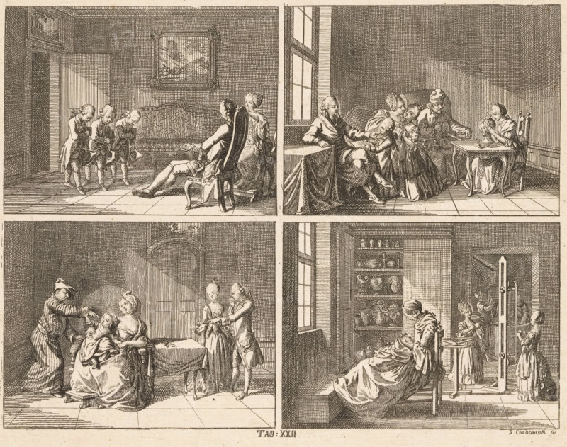 Human character traits, print, Four scenes depicting human character traits. Above: three boys bowing before their parents (example of gratitude) and children showing their report card grades (example of success). Below: parents with a child (example of a happy marriage) and an interior with a woman doing needlework and children busy winding yarn (example of a life of prosperity). Numbered bottom center: Tab. XXII., printmaker: Daniel Nikolaus Chodowiecki, Berlin, 1769, paper, etching, height 183 mm x width 227 mm, The print is part of a series of 96 prints published to illustrate the 'Elementarwerk' by the German pedagogue Johann Bernhard Basedow. The prints were produced by various artists based on drawings by Daniel Chodowiecki. In 1774, the collected print works were published under the title: Kupfersammlung zu JB Basedows Elementarwerk für die Jugend und ihre Freunde., Person, Johann Bernhard Basedow, home sewing, repair of clothes, parents with their children, head bent forward, ...