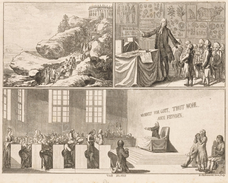 Effects of religion, print, Three depictions illustrating the effects of religion. Top left, a group of people climbing a mountaintop on their way to the temple symbolizing virtue. Next to it, a teacher with a group of children. On the wall hangs a sign reading 'Büch der Natur und Sitten. Buch der Religion'. Below, people praying during a service. On the wall behind the preacher, the text reads 'Wandelt vor Gott, thut wohl, auch Feinden'. Numbered bottom center: Tab XLVIII., inscription: 'f (?) 2, 30', printmaker: Daniel Nikolaus Chodowiecki, Berlin, 1770, paper, etching, height 176 mm x width 227 mm, The print is part of a series of 96 prints that appeared to illustrate the 'Elementarwerk' by the German pedagogue Johann Bernhard Basedow. The prints were produced by various artists based on drawings by Daniel Chodowiecki. In 1774, the collected print work appeared under the title: Kupfersammlung zu JB Basedows Elementarwerk für die Jugend und ihre Freunde., Person, Johann Bernhard Base...