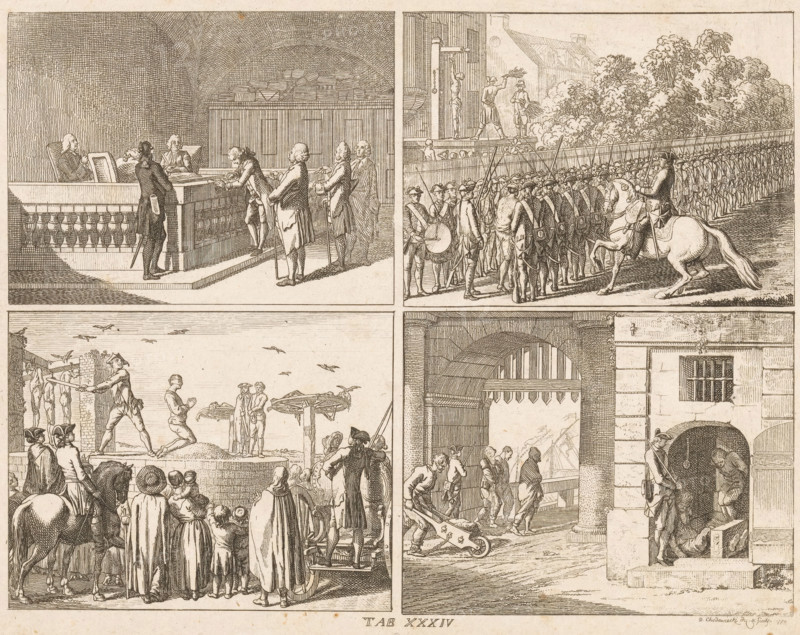 Public punishments, print, Four depictions of public punishments. Top left: a courtroom where a fine is being meted out. Top right: a condemned man is forced to run the gauntlet; in the background, a man is being flogged. Bottom left: an execution site. Bottom right: a forced laborer, prisoners, and men being banished. Bottom center: numbered: Tab XXXIV., inscription: 'f (?) 2, 30', printmaker: Daniel Nikolaus Chodowiecki, 1770, paper, etching, height 180 mm x width 232 mm, The print is part of a series of 96 prints published to illustrate the 'Elementarwerk' by the German pedagogue Johann Bernhard Basedow. The prints were made by various artists based on drawings by Daniel Chodowiecki. In 1774 the collected print work appeared under the title: Kupfersammlung zu JB Basedows Elementarwerk für die Jugend und ihre Freunde., Person, Johann Bernhard Basedow, court session (court of justice), flogging, scourging (in public), on the scaffold or place of execution, banishment, exile, running t...