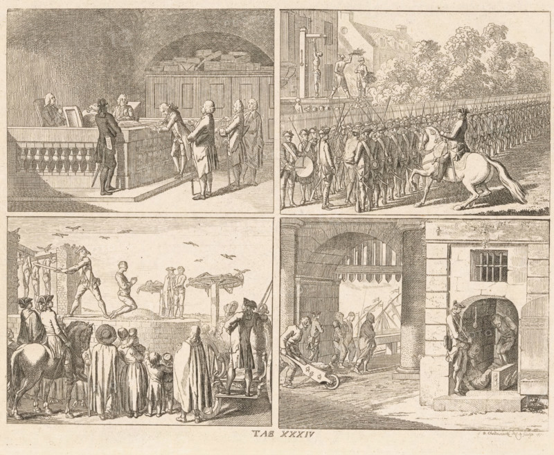 Public punishments, print, Four depictions of public punishments. Top left: a courtroom where a fine is being meted out. Top right: a condemned man is forced to run the gauntlet; in the background, a man is being flogged. Bottom left: an execution site. Bottom right: a forced laborer, prisoners, and men being banished. Bottom center: numbered: Tab XXXIV., printmaker: Daniel Nikolaus Chodowiecki, Berlin, 1770, paper, etching, height 179 mm x width 231 mm, The print is part of a series of 96 prints published to illustrate the 'Elementarwerk' by the German pedagogue Johann Bernhard Basedow. The prints were made by various artists based on drawings by Daniel Chodowiecki. In 1774 the collected print work appeared under the title: Kupfersammlung zu JB Basedows Elementarwerk für die Jugend und ihre Freunde., Person, Johann Bernhard Basedow, court session (court of justice), flogging, scourging (in public), on the scaffold or place of execution, banishment, exile, running the gauntlet, An engr...