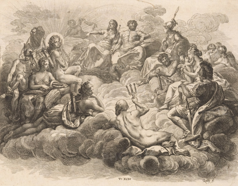Gathering of the Gods on Olympus, print, Numbered bottom center: T: XCIV., printmaker: Daniel Nikolaus Chodowiecki, Berlin, 1774, paper, etching, height 179 mm x width 234 mm, The print is part of a series of 96 prints that appeared to illustrate the 'Elementarwerk' by the German pedagogue Johann Bernhard Basedow. The prints were produced by various artists based on drawings by Daniel Chodowiecki. In 1774 the collected print work was published under the title: Kupfersammlung zu JB Basedows Elementarwerk für die Jugend und ihre Freunde., Person, Johann Bernhard Basedow, the Olympian gods together: Jupiter, Juno, Neptune, Ceres, Apollo, Diana, Mars, Venus, Mercury, Minerva, Vulcan, Vesta (or Bacchus), A detailed monochrome engraving shows a group of partially clothed and nude figures reclining on and emerging from stylized clouds, arranged in a semicircular composition. At the center, two prominent seated figures rest on draped cloth with one holding a staff and the other displaying a mu...
