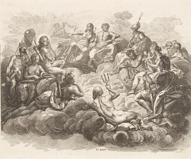 Gathering of the Gods on Olympus, print, Numbered bottom center: T: XCIV., printmaker: Daniel Nikolaus Chodowiecki, Berlin, 1736 - 1801, paper, etching, height 179 mm x width 233 mm, The print is part of a series of 96 prints that appeared to illustrate the 'Elementarwerk' by the German pedagogue Johann Bernhard Basedow. The prints were produced by various artists based on drawings by Daniel Chodowiecki. In 1774 the collected print work was published under the title: Kupfersammlung zu JB Basedows Elementarwerk für die Jugend und ihre Freunde., Person, Johann Bernhard Basedow, the Olympian gods together: Jupiter, Juno, Neptune, Ceres, Apollo, Diana, Mars, Venus, Mercury, Minerva, Vulcan, Vesta (or Bacchus), A detailed engraving shows a group of classical figures reclining and seated on swirling clouds under a sky with radiating lines and scattered cloud formations; central figures include a draped man holding a staff and a muscular bearded man partially covered by cloth, surrounded by f...