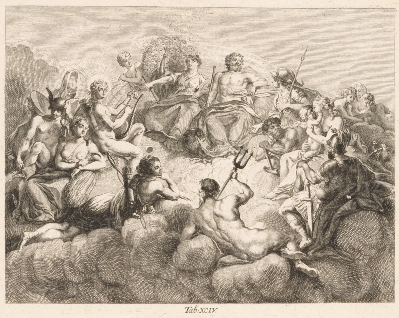 Gathering of the Gods on Olympus, print, Numbered bottom center: Tab: XCIV., printmaker, after print by, Germany, Daniel Nikolaus Chodowiecki, paper, etching, height 186 mm x width 229 mm, The original print is part of a series of 96 prints published to illustrate the 'Elementarwerk' by the German pedagogue Johann Bernhard Basedow. The prints were produced by various artists based on drawings by Daniel Chodowiecki. In 1774 the collected print work was published under the title: Kupfersammlung zu JB Basedows Elementarwerk für die Jugend und ihre Freunde., Person, Johann Bernhard Basedow, the Olympian gods together: Jupiter, Juno, Neptune, Ceres, Apollo, Diana, Mars, Venus, Mercury, Minerva, Vulcan, Vesta (or Bacchus), A large engraved scene shows numerous partially clothed figures gathered on and above a mass of billowing clouds, arranged in a semicircular composition. Central seated figures include a bearded man with a draped lower body holding a staff and a woman beside him with drape...
