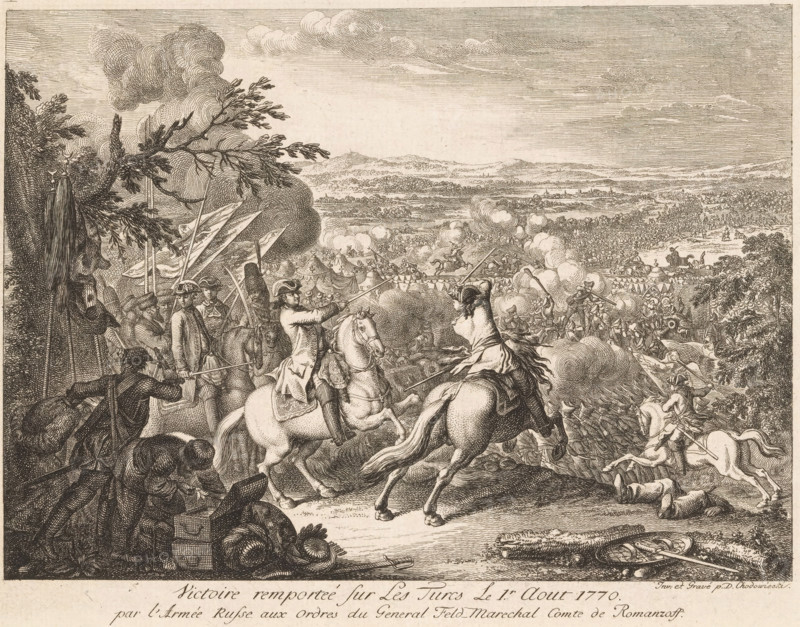 Victory of General Rumyantsev during the Battle of Cahul, 1770, Victoire remportée sur les Turces Le 1.r Aout 1770 par l'Armée Russe aux ordres du General Feld-Marechal Comte de Romanzoff, print, Representation of the victory of the Russian army over the Turkish army during the Battle of Cahul, August 1, 1770. In the center, General Count Pyotr Alexandrovich Rumyantsev-Zadunaysky on his white horse, a commander's staff in his hand. In the foreground left Turkish banners against a tree, inscription: 'V S', printmaker: Daniel Nikolaus Chodowiecki, Berlin, paper, etching, height 184 mm x width 237 mm, Person, Pjotr Aleksandrovich Rumyantsev-Zadoenaysky, historical persons, baton of general, banner, standard (as symbol of the state, etc.), charge, battle, Russo-Turkish war (1768-1774), Cahul, A detailed monochrome engraving shows a large battlefield scene with mounted officers in the foreground, several figures in military uniforms on horseback wielding swords, and other soldiers on foot e...