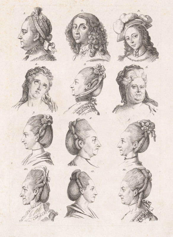 Twelve heads of women, print, On the top row: Catherine the Great, Christine of Sweden and Joan of Arc. Among them: Adrienne Lecouvreur, a woman from Danzig and Maria Theresa of Austria. The other women are unknown., inscription: 'f 6.45', printmaker: Daniel Nikolaus Chodowiecki, Berlin, 1775, paper, etching, height 227 mm x width 153 mm, Print also used in: Lavater, Johann Kaspar. Physiognomonic Fragmente zur Beförderung der Menschenkenntniß und Menschenliebe. Leipzig and Winterthur: heirs of Weidmann and Reich and Heinrich Steiner and Compagnie, 1775-1778., Person, Christina (Queen of Sweden), Maria Theresia (Roman-German Empress), Johann Caspar Lavater, historical persons - BB - woman, A vertical sheet showing a grid of engraved portrait busts of women and one man, each rendered in profile or three-quarter view, arranged in rows; the portraits display varied hairstyles and headwear including braids, ribbons, flowers, bonnets, caps with plumes, and high coiffures, with detailed line ...