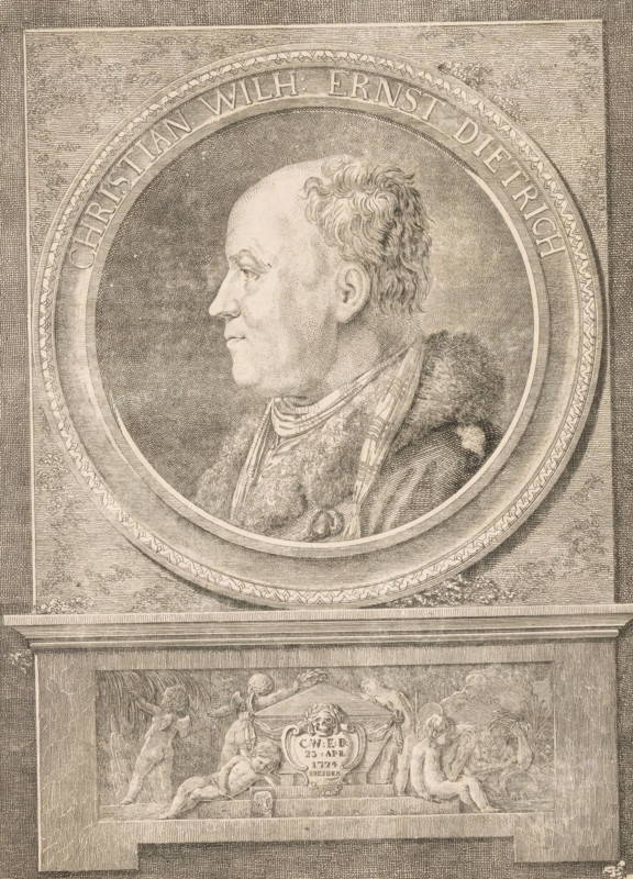 Portrait of Christian Wilhelm Ernst Dietrich, print, Under the portrait putti around a tomb with the initials, date and place of death of Christian Wilhelm Ernst Dietrich., inscription: 'Probdruck', printmaker: Daniel Nikolaus Chodowiecki, Berlin, after drawing by Friedrich Reclam, 1774, paper, etching, proof, height 274 mm x width 214 mm, Person, Christian Wilhelm Ernst Dietrich, historical persons, portrait, self-portrait of artist, cupids: 'amores', 'amoretti', 'putti', grave, tomb, A circular framed profile portrait of an older man facing left, rendered in fine engraved lines, showing a balding head with short curly hair at the back, a pronounced nose, and a fur-trimmed garment with a patterned scarf. The round frame is set within a rectangular panel with decorative borders and textured shading. Below the circular portrait, a wide panel contains a classical relief scene with cherubic figures, drapery, and ornamental architectural elements, all depicted in the same detailed engraved...