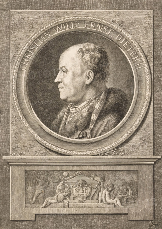 Portrait of Christian Wilhelm Ernst Dietrich, print, Under the portrait putti around a tomb with the initials, date and place of death of Christian Wilhelm Ernst Dietrich., printmaker: Daniel Nikolaus Chodowiecki, Berlin, after drawing by Friedrich Reclam, 1774, paper, etching, proof, height 273 mm x width 206 mm, Person, Christian Wilhelm Ernst Dietrich, historical persons, portrait, self-portrait of artist, cupids: 'amores', 'amoretti', 'putti', grave, tomb, A detailed engraved portrait shows a man in profile facing left inside a circular frame with ornate edging, his head bald at the front with short curly hair at the back, wearing a fur-trimmed garment and a patterned scarf draped around his neck; the circular portrait is set within a rectangular stone-like panel, and below the circle a carved relief depicts reclining and standing cherubic figures around a central ornate cartouche, all rendered in fine parallel and cross-hatched lines.
